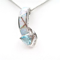 Silver Pendant w/ Created Opal Wht CZ & Blue Topaz