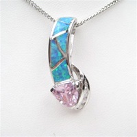 Silver Pendant w/ Created Opal, Wht &Pink CZ