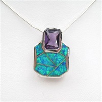 Silver Pendant w/ Created Opal & Amethyst CZ