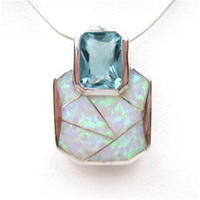 Silver Pendant w/ Created Opal & Blue Topaz