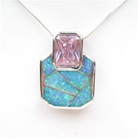 Silver Pendant w/ Created Opal and Pink CZ