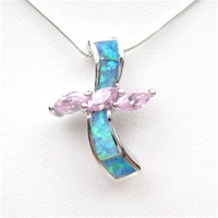 Silver Pendant w/ Created Opal and Pink CZ