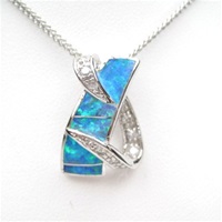 Silver Pendant w/ Inlay Created Opal & White CZ