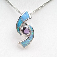 Silver Pendant w/ Created Opal & Amethyst CZ