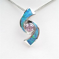 Silver Pendant w/ Created Opal and Pink CZ