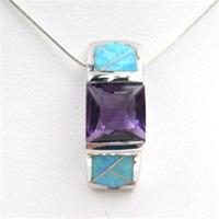 Silver Pendant w/ Created Opal & Amethyst CZ