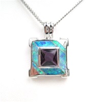 Silver Pendant w/ Created Opal & Amethyst CZ