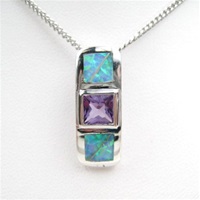 Silver Pendant w/ Created Opal & Amethyst CZ