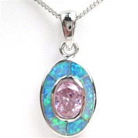 Silver Pendant w/ Created Opal and Pink CZ