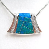 Silver Pendant w/ Inlay Created Opal & White CZ