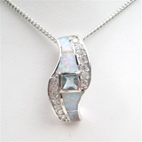 Silver Pendant w/ Created Opal Wht CZ & Blue Topaz