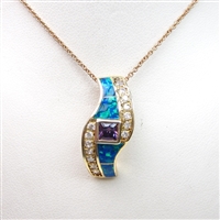 Silver Pendant (Gold Plated) w/ Inlay Created Opal & Tanzanite CZ