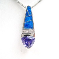 Silver Pendant w/ Created Opal, Wht & Tanzanite CZ