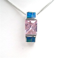 Silver Pendant w/ Inlay Created Opal, Wht & Pink CZ