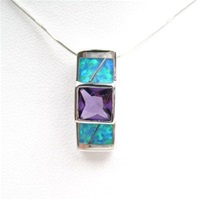 Silver Pendant w/ Created Opal & Amethyst CZ