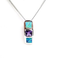 Silver Pendant (Rhodium Plated) w/ Inlay Created Opal & Amethyst CZ