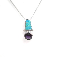 Silver Pendant  w/ Inlay Created Opal & Amethyst CZ