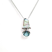 Silver Pendant with Inlay Created Opal & Blue Topaz CZ