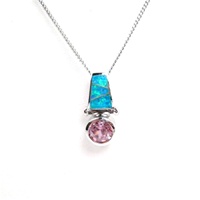 Silver Pendant (Rhodium Plated) w/ Inlay Created Opal & Pink CZ