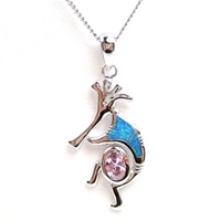 Silver Pendant (Rhodium Plated) w/ Inlay Created Opal & Pink CZ (kokopelli)