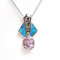 Silver Pendant (Rhodium Plated) w/ Inlay Created Opal & Pink CZ