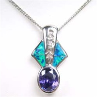 Silver Pendant W/ Created Opal+Tanzanite+White CZ