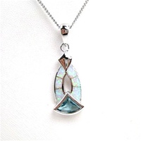 Silver Pendant (Rhodium Plated) w/ Inlay Created Opal & Blue Topaz CZ