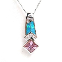 Silver Pendant (Rhodium Plated) w/ Inlay Created Green Opal, White & Pink CZ