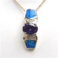 Silver Pendant (Gold Plated) with Created Opal, White & Tanzanite CZ