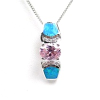 Silver Pendant with Inlay Created  Opal, White and Pink CZ