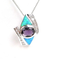 Silver Pendant with Inlay Created Opal, White and Amethyst CZ