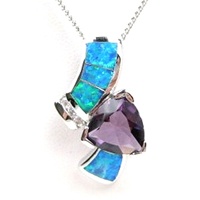 Silver Pendant with Inlay Created Opal, White and Amethyst CZ