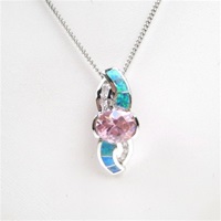 Silver Pendant with Created Opal, White & Pink CZ