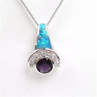 Silver Pendant (Rhodium Plated) w/ Inlay Created Green Opal, White & Amethyst CZ