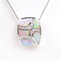 Silver Pendant w/ Inlay Created Opal & White CZ