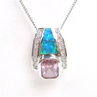 Silver Pendant w/ Created Opal, White & Pink CZ