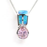 Silver Pendant w/ Created Opal and Pink CZ