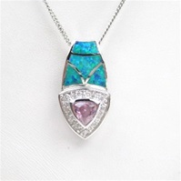 Silver Pendant w/ Created Opal, White & Pink CZ