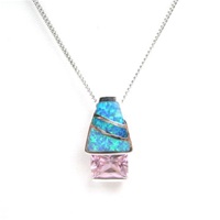 Silver Pendant w/ Created Opal and Pink CZ