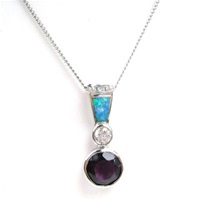 Silver Pendant w/ Created Opal, Wht & Amethyst CZ