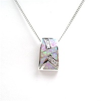 Silver Pendant w/ Inlay Created Opal & White CZ