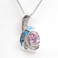 Silver Pendant w/ Created Opal, White & Pink CZ