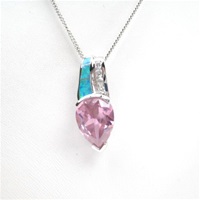 Silver Pendant w/ Created Opal, White & Pink CZ