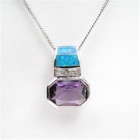 Silver Pendant w/ Created Opal, Wht & Amethyst CZ