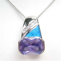 Silver Pendant W/ Created Opal + Tanzanite CZ + White CZ