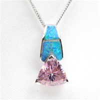 Silver Pendant w/ Created Opal and Pink CZ