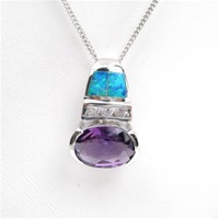 Silver Pendant w/ Created Opal, Wht & Amethyst CZ