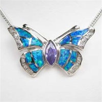 Silver Pendant W/ Created Opal+Tanzanite+White CZ