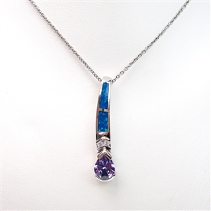 Silver Pendant with Inlay Created Opal, White & Tanzanite CZ
