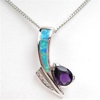 Silver Pendant w/ Created Opal, Wht & Amethyst CZ